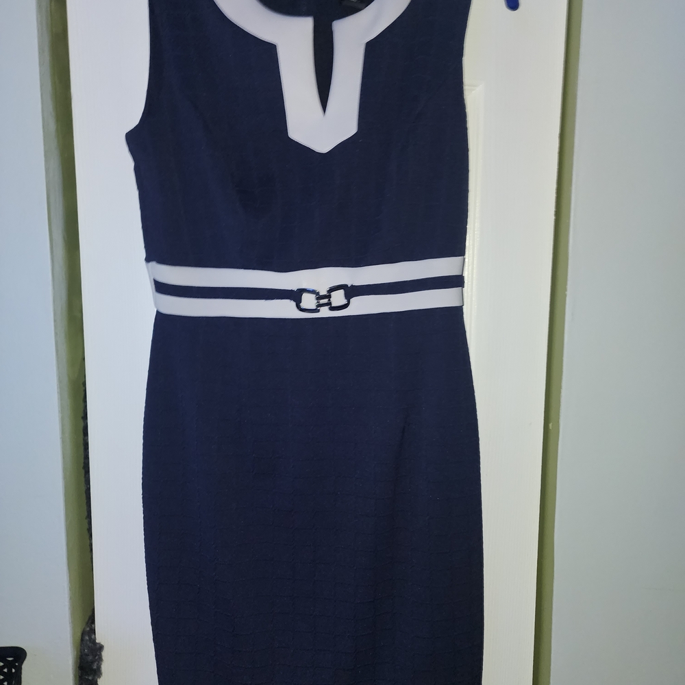 Enfocus Studio Navy and White Sleeveless Midi Sheath Dress